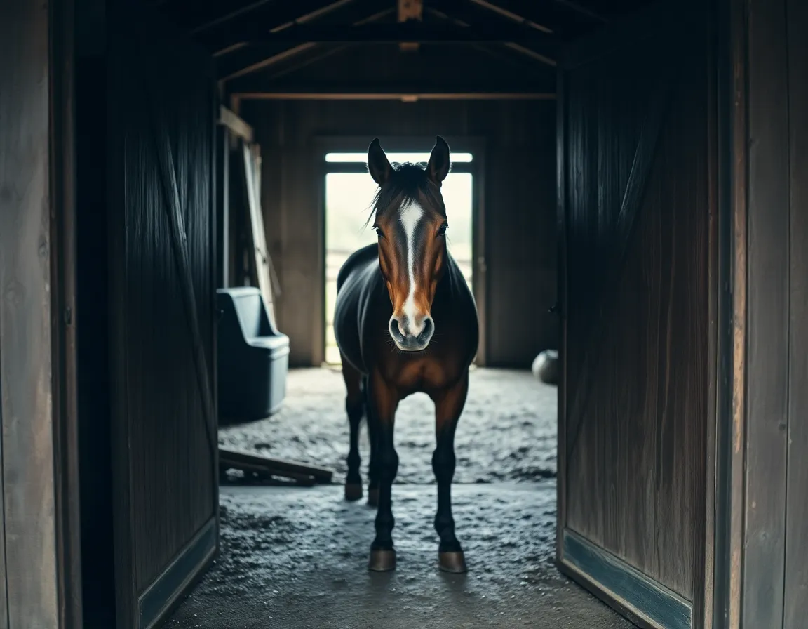 Inside a rustic barn, a calm horse stands framed at the open doorway, inviting natural light filtering through the entrance. The overcast light enhances the soft textures of the horse's coat and the aged wooden interior, creating an atmosphere filled with charm and nostalgia. Capturing every detail, the image radiates warmth with its earth-toned color palette, perfect for evoking a sense of home and tranquility.