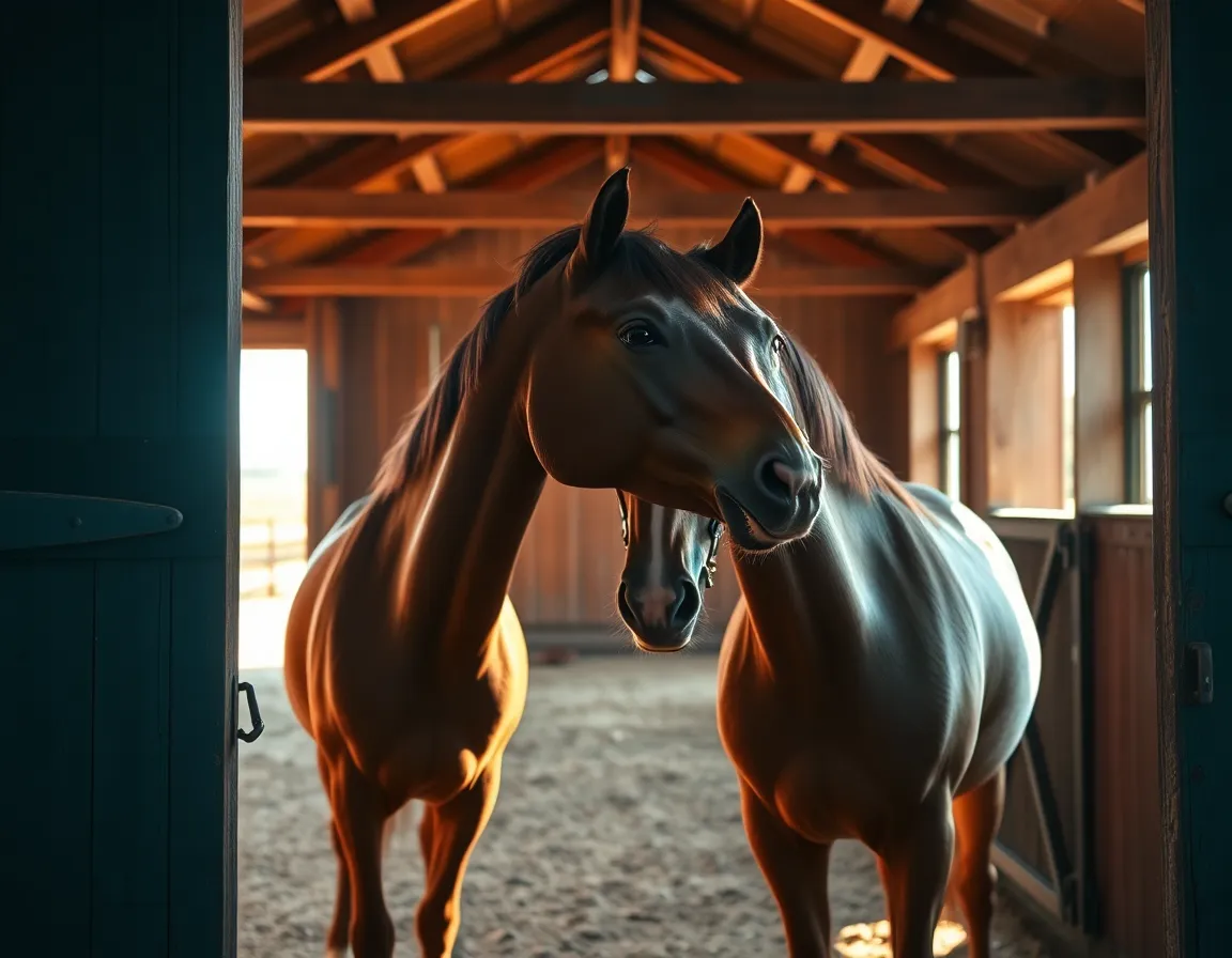 Affectionate Horses in Rustic Stable Inside a rustic stable, two horses nuzzle affectionately under the warm light streaming through the barn doors. The image captures the deep textures of the aged wooden beams and the sleek, glossy coats of the horses, all in sharp focus. The cinematic color grading gives the scene a warm and inviting feel, emphasizing the bond between the animals.