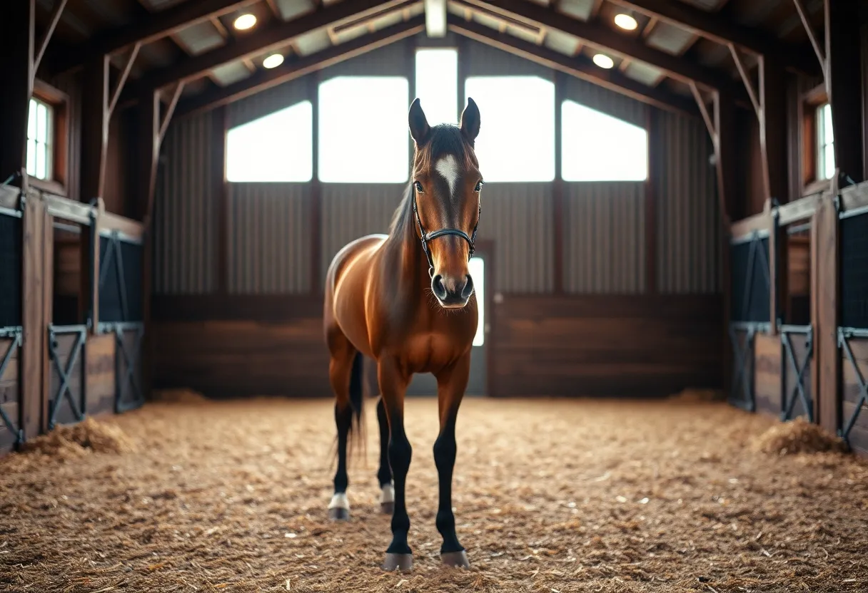 This serene image portrays a calm horse resting inside a cozy stable, bathed in soft, diffused daylight. The warm, inviting colors enhance the horse's natural beauty and create a peaceful ambiance. The stable's rustic wooden beams and scattered hay provide rich textures, grounding the scene in a rural charm. Captured in sharp detail, the environment’s clarity complements the horse's calm demeanor.