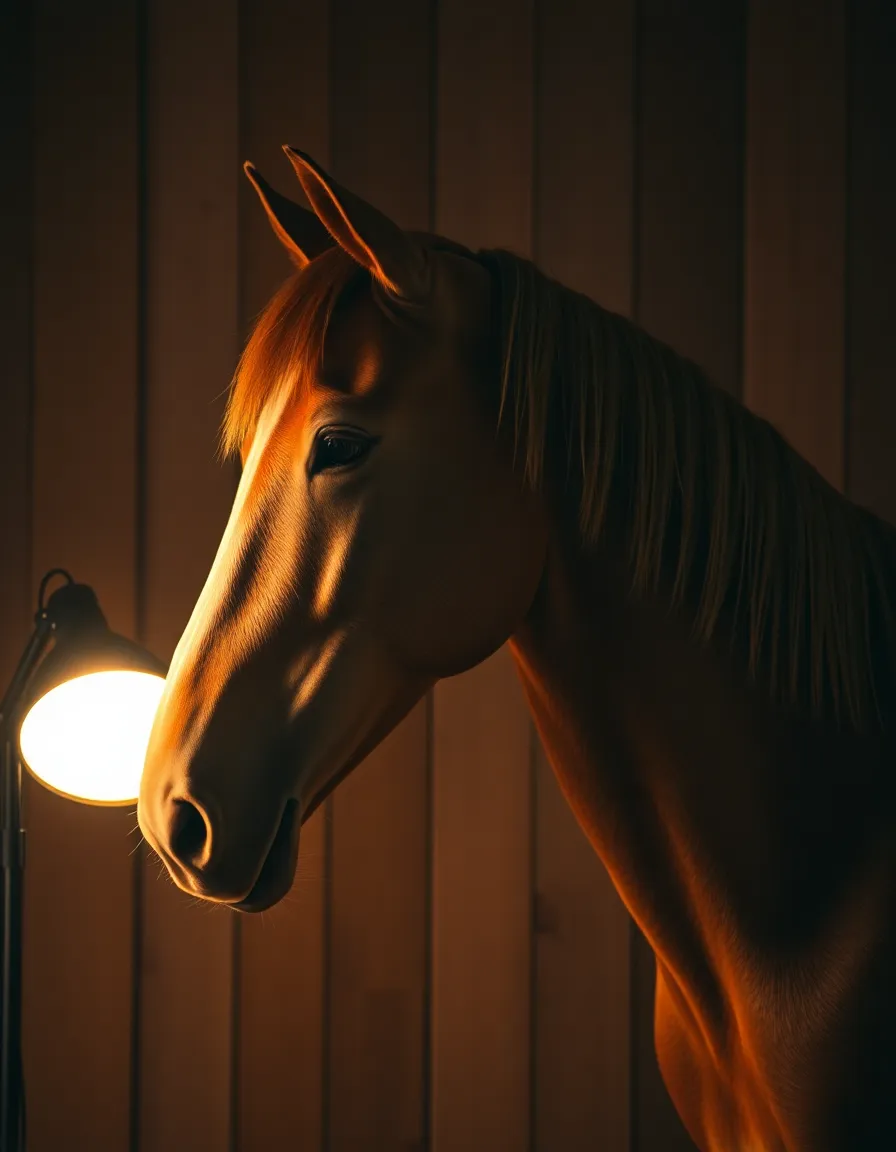 An intimate portrait of a horse, beautifully illuminated by a warm tungsten lamp that casts a soft glow. The horse's head is framed in the upper third, emphasizing its expressive features and soft mane texture. The rustic wooden backdrop enhances the earthy tones of the scene, creating a cozy and inviting atmosphere that showcases the horse's gentle demeanor.