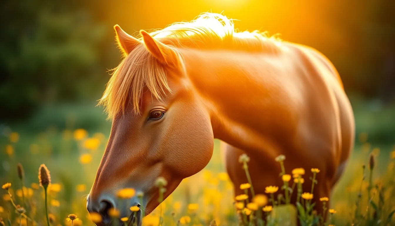 A photorealistic image of a chestnut horse grazing in a sunlit meadow during golden hour. The warm light enhances the horse's rich coat, while wildflowers provide a vibrant backdrop filled with greens and yellows. The focus on the horse's mane reveals intricate textures and details, creating an inviting and serene atmosphere. This composition follows the rule of thirds, providing a dynamic visual interest.