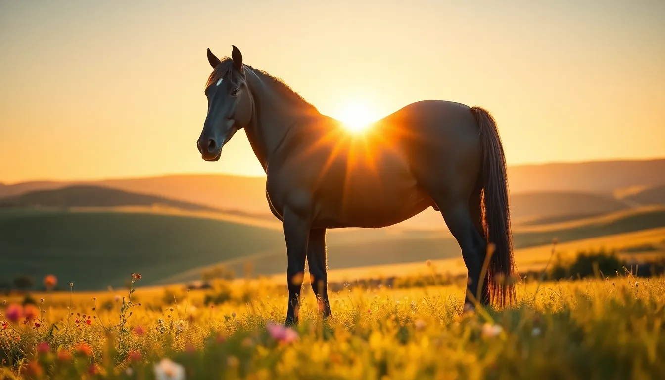 This captivating image showcases a majestic black stallion standing tall in a sunlit meadow, bathed in the warm light of the golden hour. The horse's glossy coat contrasts beautifully with the lush green grass and colorful wildflowers nearby. The depth of field brings attention to the stallion while softly blurring the background, creating a serene, picturesque scene. This photograph captures the essence of tranquility and connection with nature.