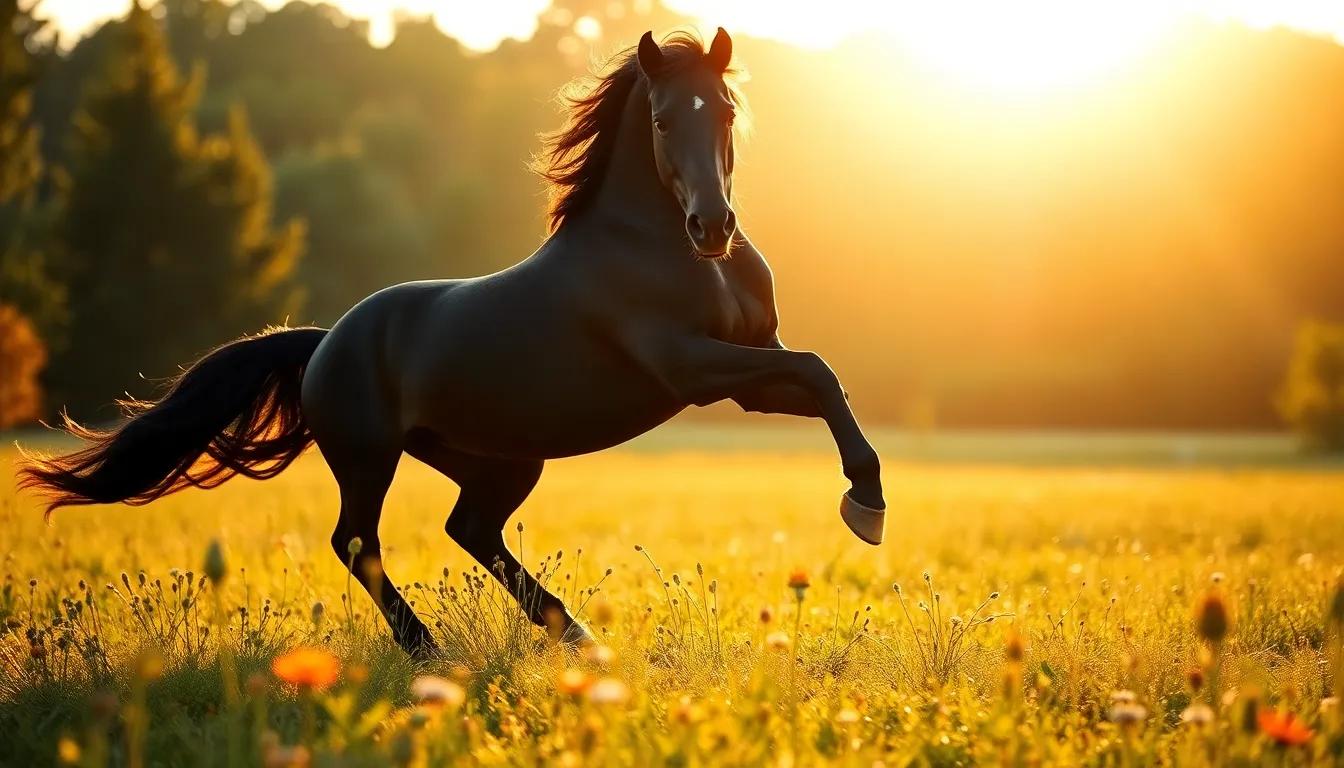 Black Stallion Galloping in a Meadow A striking black stallion gallops across a sunlit meadow during golden hour, embodying the spirit of freedom. The warm light accentuates its powerful frame, with wildflowers blurred in the foreground to enhance the sense of motion. This captivating moment, captured in rich natural hues, evokes a sense of vitality and connection to nature. The off-center composition draws the viewer's eye toward the beauty and grace of the horse in its natural habitat.