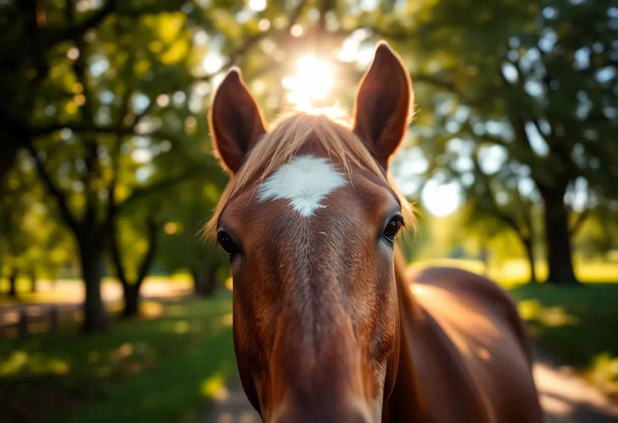 In a tranquil forest, a horse stands amid a pathway, its expressive eyes in sharp focus against a beautifully blurred background of vibrant greens and soft sunlight. The dappled light creates a magical feel, while the leading lines of the path enhance the depth and draw attention to the horse. This close-up captures the intimate connection between the animal and its natural surroundings.