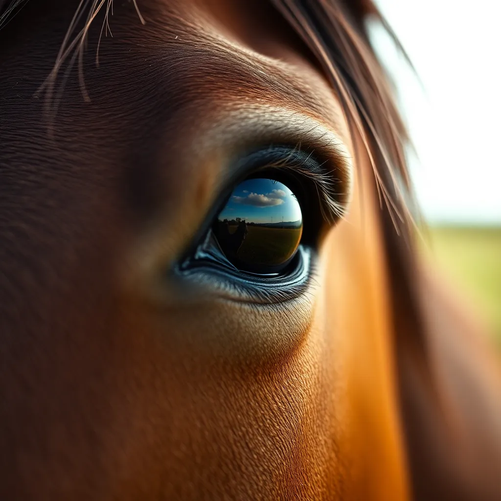 This captivating close-up features the mesmerizing eye of a horse, revealing intricate reflections of its surroundings within the shimmering surface. Soft diffused daylight beautifully highlights the natural textures and colors, creating an intimate connection between the viewer and the horse. The selective focus directs attention to the eye, with the background fading into a soft bokeh of greens and browns. This image emphasizes the depth and emotion found in the gaze of these majestic animals.