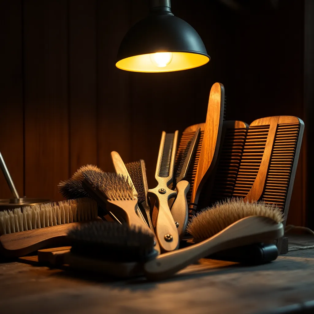 Horse Grooming Tools Still Life An intimate still life of horse grooming tools is showcased under the warm glow of a tungsten lamp. Each tool is arranged with intention, leading the viewer's eye through the composition. The rich browns and deep blacks of the wood and bristles create a cozy atmosphere, while the detailed textures invite closer inspection.