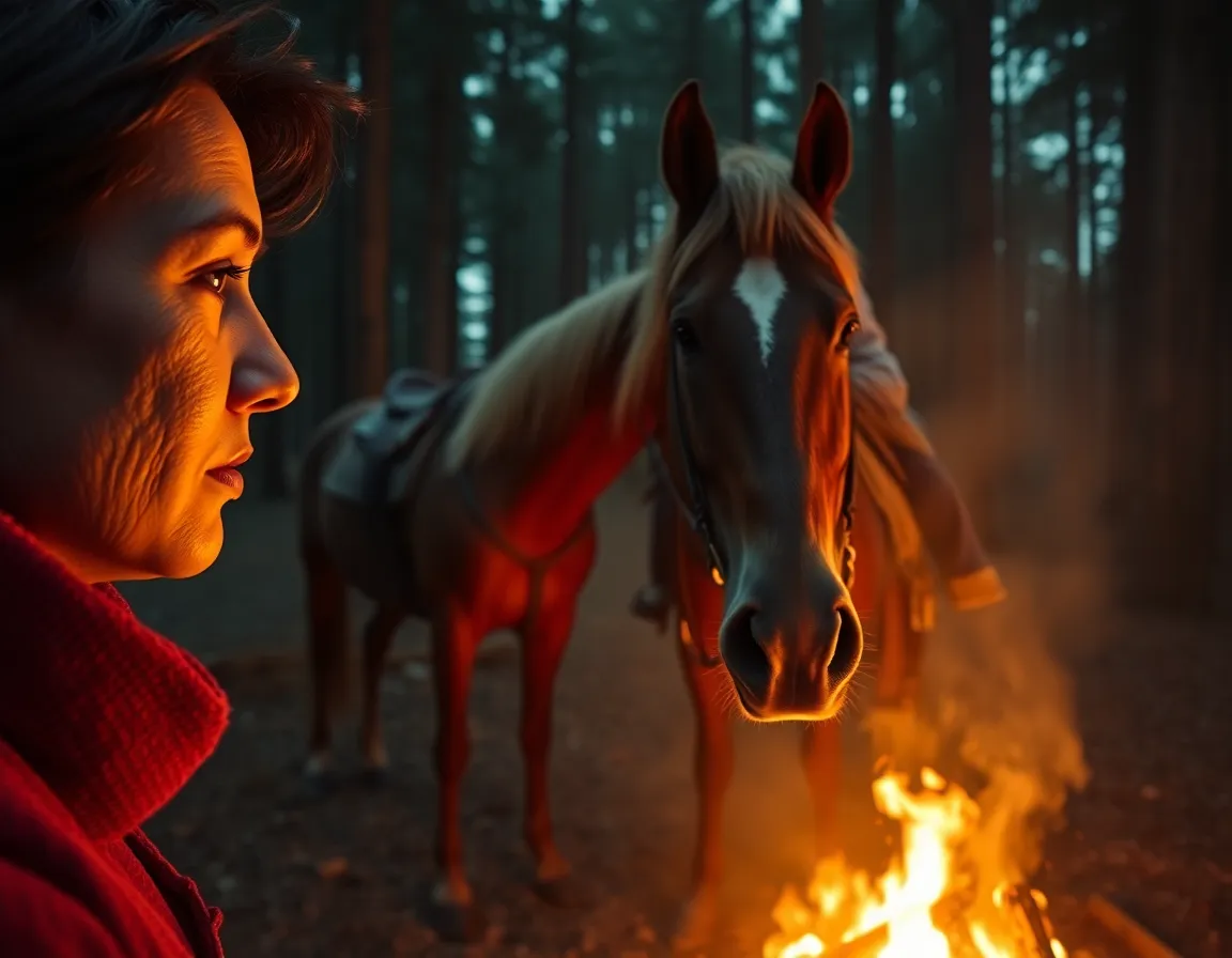 In this evocative image, a horse and rider share a warm moment by a flickering campfire in a serene forest clearing. The firelight creates a beautiful interplay of warm shadows across their faces, illuminating the natural textures of the horse's coat and the rider's clothing. The cinematic color grading enhances the scene's intimate atmosphere, drawing attention to the bond shared between the two. This portrait captures a perfect blend of adventure and tranquility.