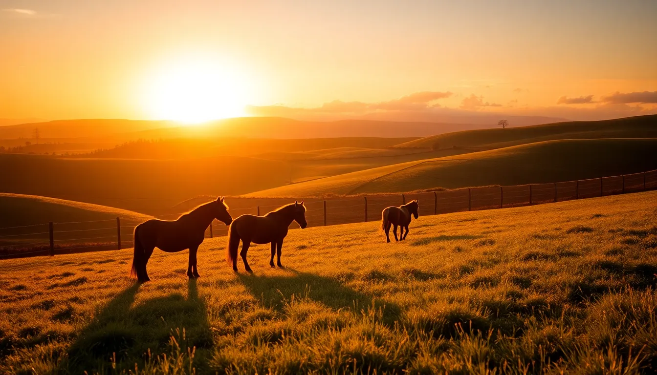 A stunning sunset landscape captures the beauty of horses grazing peacefully in a vibrant field. The warm glow of dusk bathes the scene with deep oranges and lush greens, creating an inviting atmosphere. Rolling hills and a rustic fence lead the viewer's eye through the composition, highlighting the tranquility of nature. This image encapsulates the serene and picturesque connection between horses and their environment.