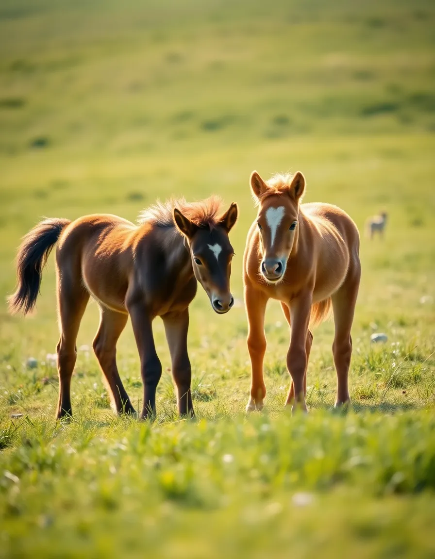 This cheerful image features two playful foals frolicking in a sunny pasture, radiating joy and innocence. Bright natural light highlights their soft coats, while a dreamy bokeh background adds a whimsical touch. The vibrant color grading enhances the playful mood, and the careful composition places the foals in the foreground, inviting viewers to join their playful interaction. The texture of the grass and the foals' fur creates an inviting scene.