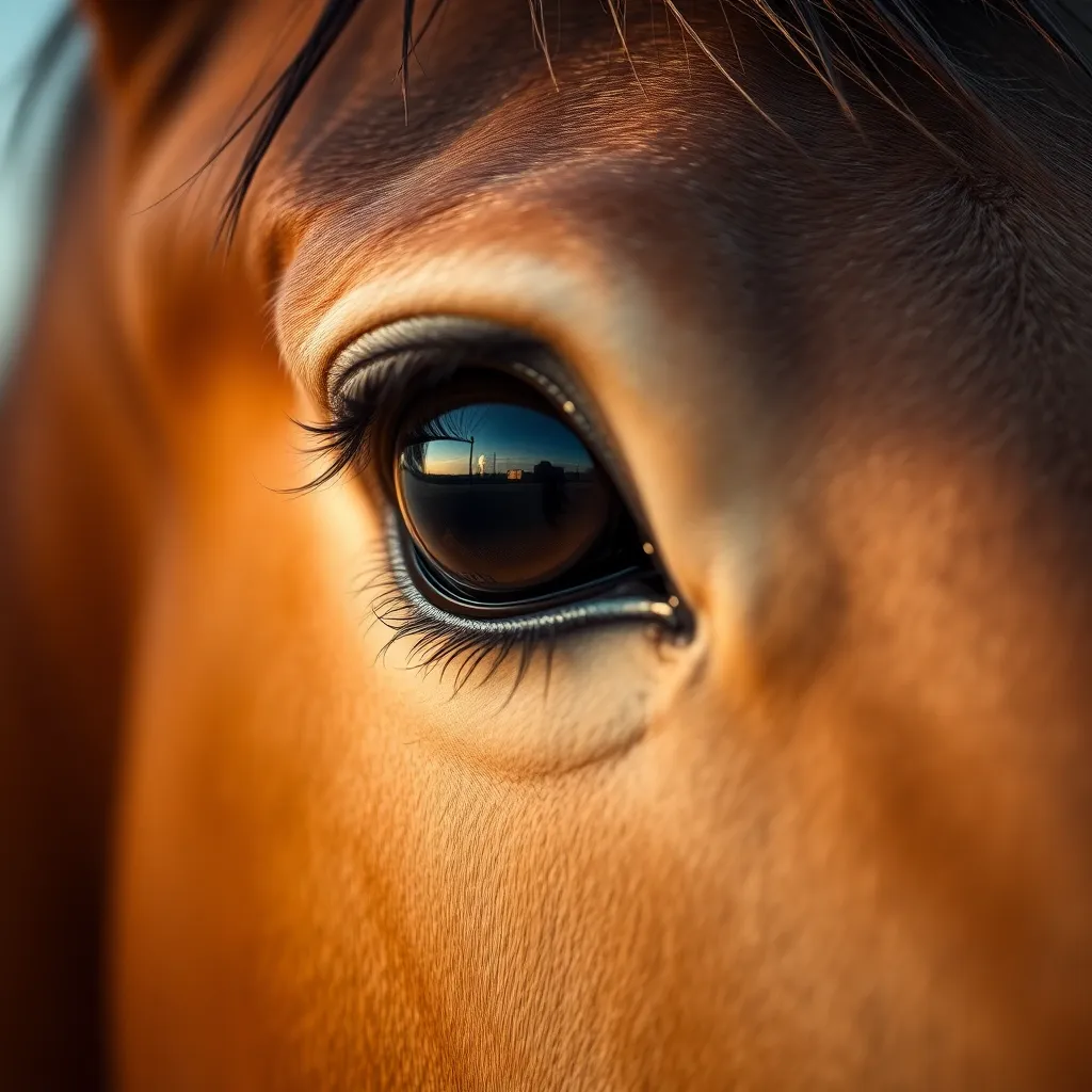 This close-up image captures the mesmerizing beauty of a horse's eye, reflecting the gentle morning light. The soft bokeh background accentuates the intricate details of the eye, revealing rich colors and textures that convey emotion and depth. This composition fosters a connection between the viewer and the horse, highlighting the serene and introspective nature of these magnificent animals.