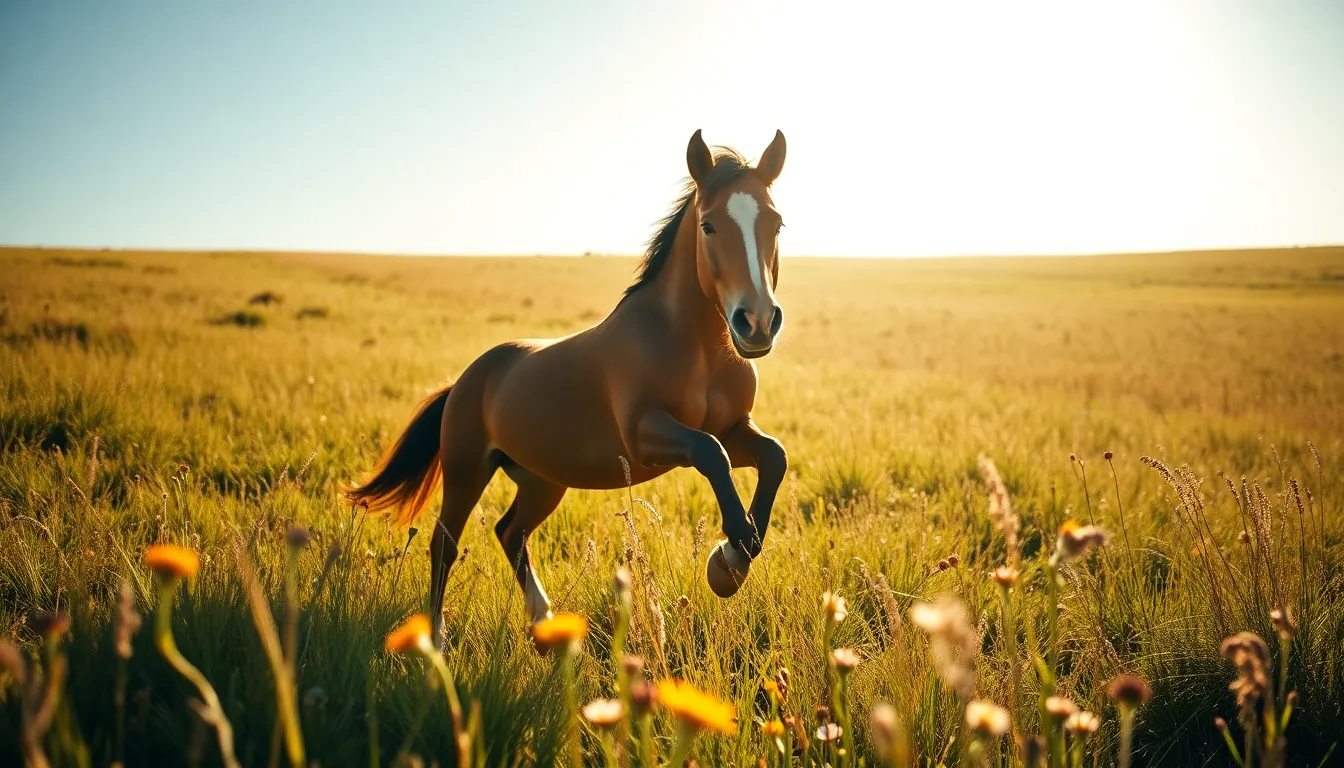 A joyful scene of a horse frolicking in a colorful meadow filled with wildflowers and lush grass under bright midday sunlight. The image captures the energetic movement of the horse as it leaps gracefully, surrounded by natural beauty. Every detail is crisp and sharp, showcasing the textures of the meadow and the horse’s coat. This vibrant photograph invites viewers to share in the happiness of the moment, celebrating the free spirit of horses in nature.