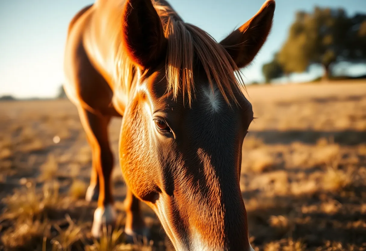 This tranquil image showcases a close-up of a brown horse peacefully grazing in a sunlit field. The soft afternoon light beautifully highlights the horse's rich coat and the gentle textures of the grass. With a shallow depth of field creating a dreamy background, the photograph evokes a sense of calm and connection to nature. The warm golden and earthy tones contribute to the overall serene atmosphere of the scene.