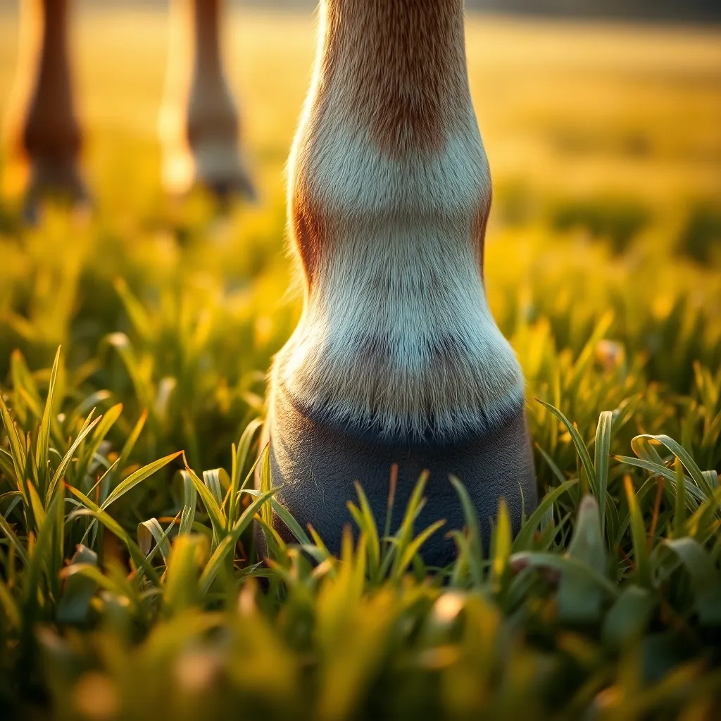 An exquisite close-up image of a horse’s hoof resting in a lush green field, illuminated by warm diffused daylight. The intricate textures of the hoof are captured in stunning detail, highlighting the beauty of this often-overlooked aspect of equine anatomy. The creamy bokeh gently envelops the surrounding grass, enhancing the natural feel and rich color palette, drawing attention to the hoof while celebrating the connection between horse and nature.