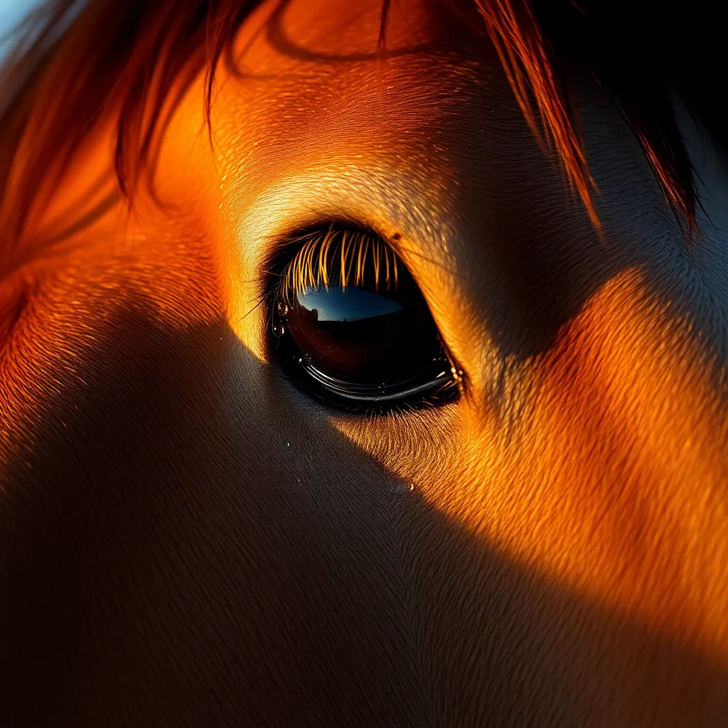 This intimate close-up captures the mesmerizing detail of a horse's eye, glistening with raindrops. The warm light from a stable enhances the rich textures of the lashes and surrounding coat. The shallow depth of field beautifully blurs the background, drawing all focus to the eye and creating a strikingly emotional connection. The carefully composed image highlights the natural beauty and elegance of the horse.
