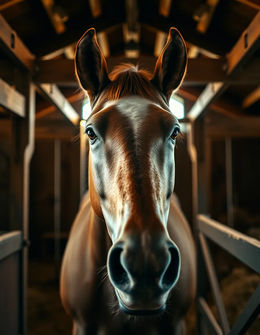 A serene close-up portrait of a horse within a stable, illuminated by the warm glow of tungsten light. The focus highlights the horse’s expressive eyes and smooth coat, creating an intimate connection with the viewer. The rustic stable environment, featuring weathered wood and hay, complements the natural muted tones, while the framing provided by the beams adds depth and warmth to this tranquil scene.