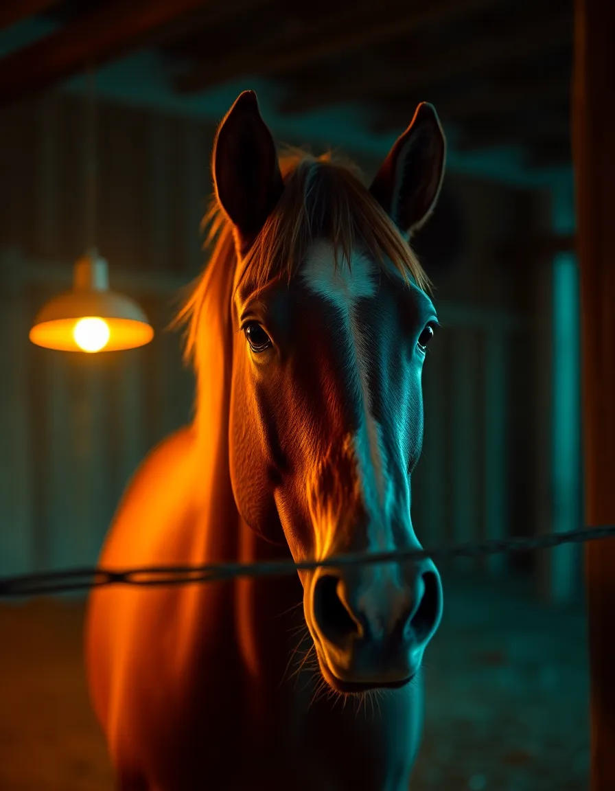 This striking portrait features a horse set against a rustic wooden fence, illuminated by the warm glow of a tungsten lamp. The warm and cool tones create a cinematic feel, highlighting the intricate details of the horse's mane and coat. With a shallow depth of field, the focus remains on the horse while the background softly blurs, enhancing the intimate atmosphere of the moment. The rich textures of the wood blend beautifully with the horse, creating an aesthetically pleasing composition.