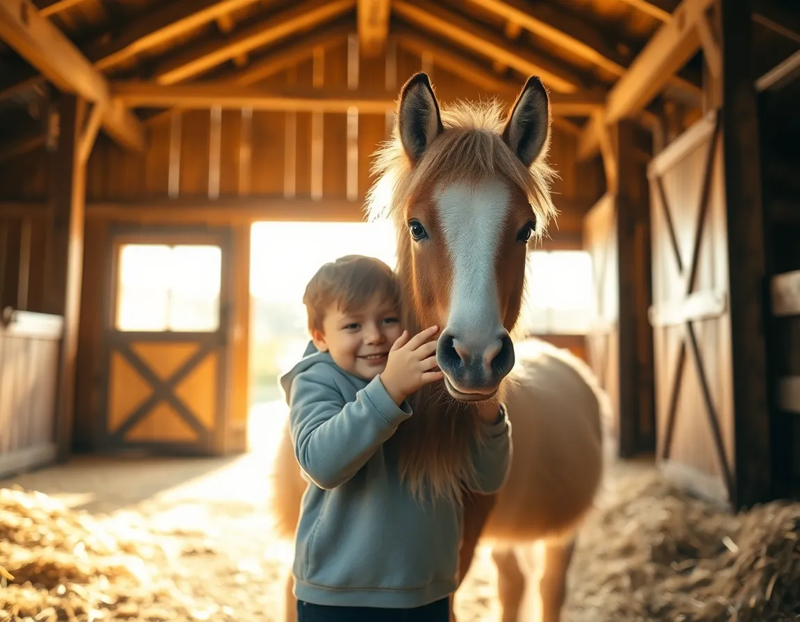 This touching image captures a heartwarming moment between a child and a fluffy pony in a sun-drenched barn. The warm light streaming through the open barn doors highlights the natural textures of the wooden beams and the pony's soft fur. With the depth of field drawing focus to their gentle interaction, this photograph evokes feelings of innocence and joy. The serene tones and rustic setting create a nostalgic atmosphere, making it a perfect representation of childhood and connection with animals.