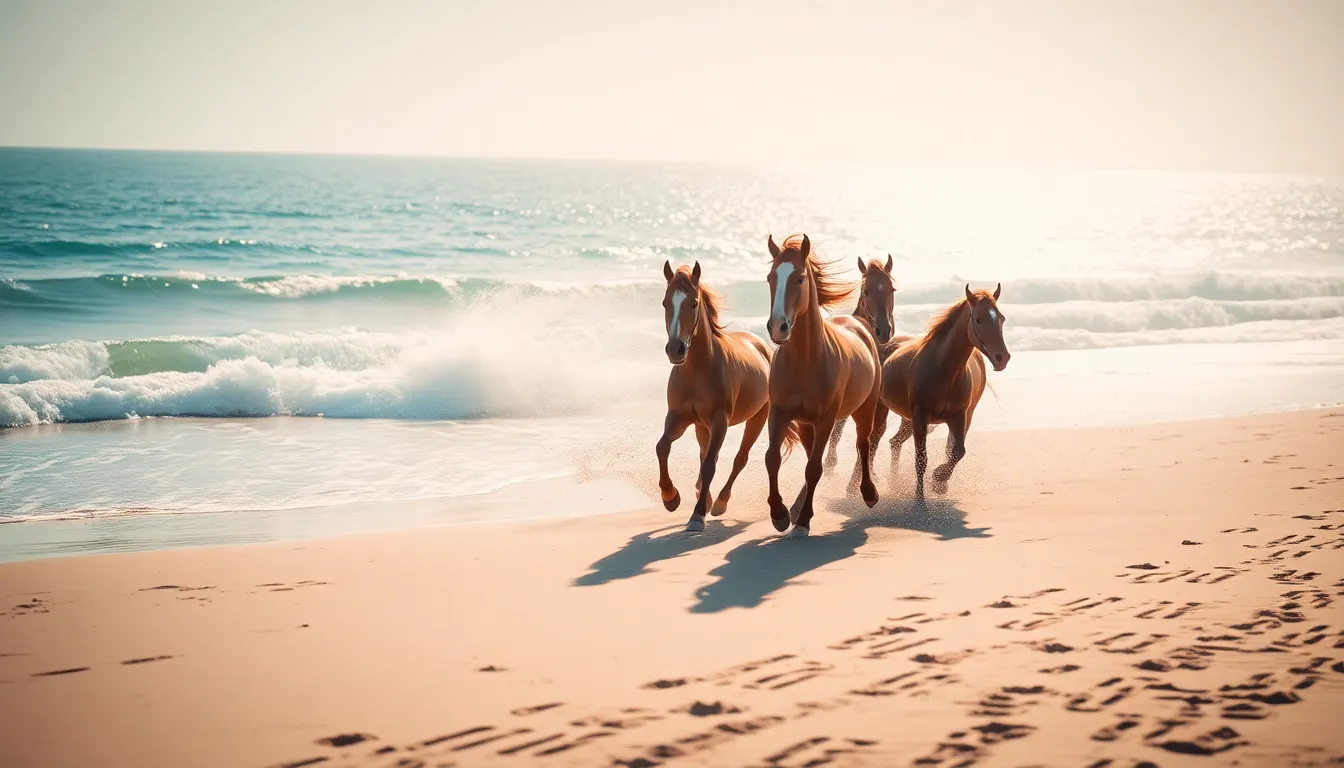 An exhilarating scene of horses galloping across a sandy beach, captured in dappled sunlight with water splashing around them. The dynamic low-angle perspective creates energy and movement, while a teal and orange color grading enriches the scene. Sharp focus on the horses contrasts beautifully with the soft ocean background, while leading lines in the sand guide the viewer’s gaze toward the herd, celebrating the freedom of these majestic creatures.