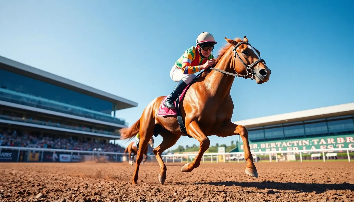 This exhilarating image captures the thrilling moment of a jockey urging a chestnut horse to sprint down the racetrack, surrounded by bright daylight and an electrifying atmosphere. The vibrant colors of the jockey's racing silks contrast beautifully with the horse's gleaming coat. With the blurred grandstands in the background, the focus remains on the dynamic action, creating an adrenaline-fueled sense of urgency. This photograph embodies the excitement and passion of horse racing.