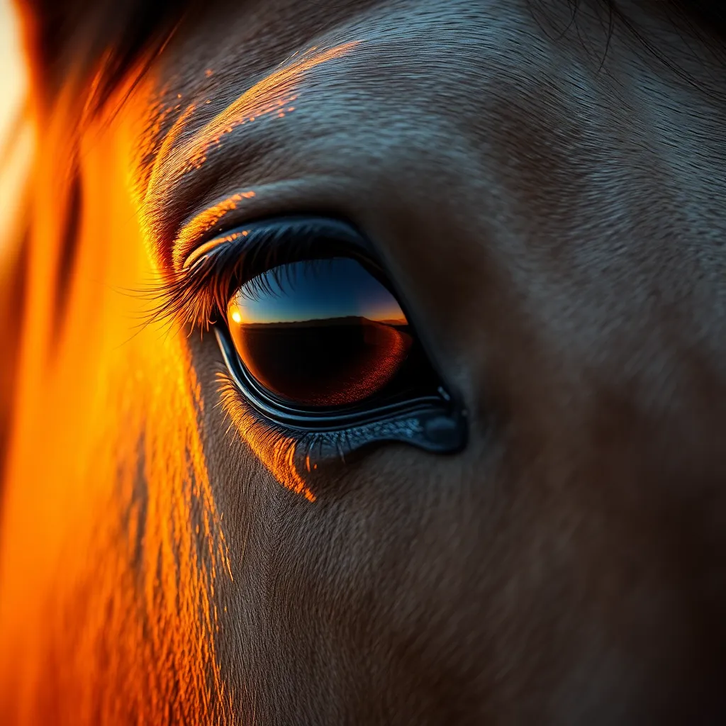 This captivating close-up photograph focuses on the enchanting eye of a horse, reflecting the vibrant colors of a sunset. Warm lighting highlights the details, showcasing intricate eyelashes and the soft texture of the surrounding skin. The hyper-detailed quality reveals the beauty of the horse's eye, enhanced by rich colors reminiscent of a Kodak Portra 400 palette. The shallow depth of field creates a dreamy background, drawing attention to the eye and inviting viewers to connect with the animal's soul.