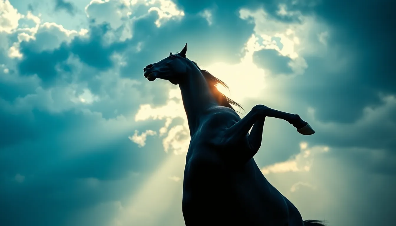 In this powerful image, a black stallion rears up dramatically against a backdrop of ominous storm clouds, capturing the essence of wild spirit. The sunlight piercing through the clouds illuminates the horse's shiny coat, creating a captivating contrast. With sharp focus on both the stallion and the turbulent sky, the photograph evokes a sense of raw energy and majesty. This striking composition embodies the beauty and strength of nature's elements.