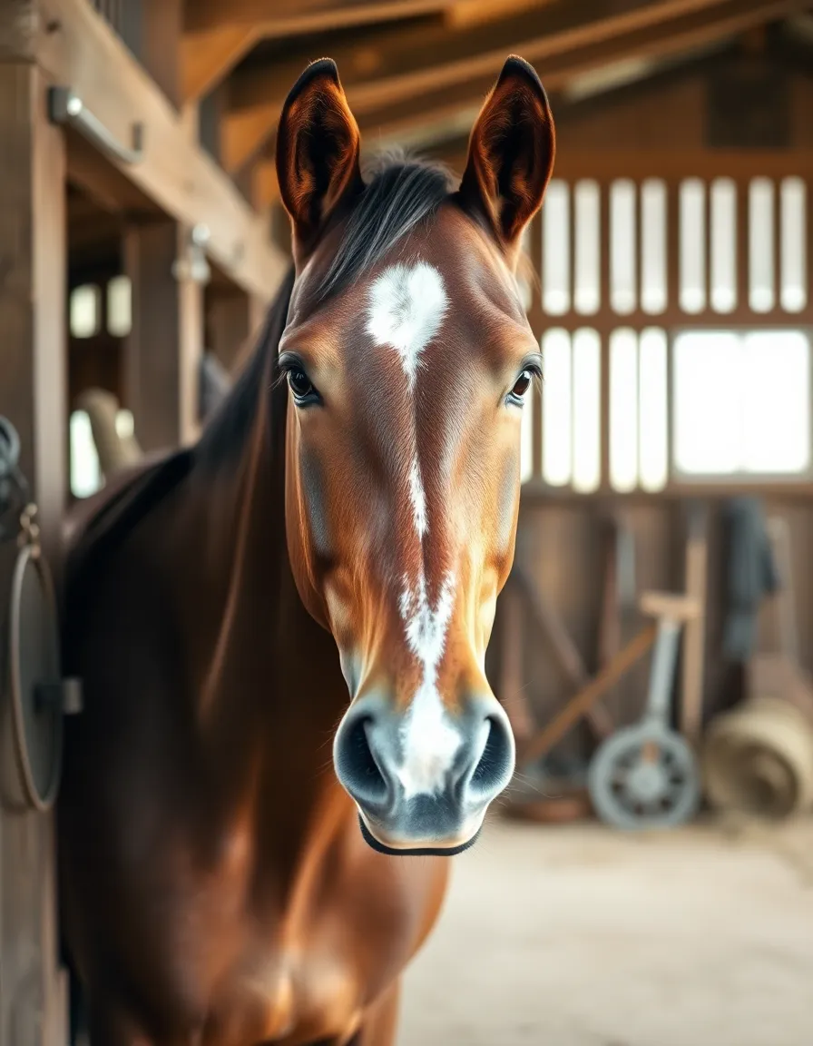 Thoroughbred Mare in Barn This intimate portrait features a thoroughbred mare standing calmly in a rustic barn, bathed in soft, diffused daylight. The natural hues of her sleek coat contrast beautifully with the earthy tones of the barn, while the selective focus on her eyes creates a connection with the viewer. The blurred background adds depth, highlighting the tranquil atmosphere of this equine setting. This image perfectly captures the warmth and serenity of life in the stable.