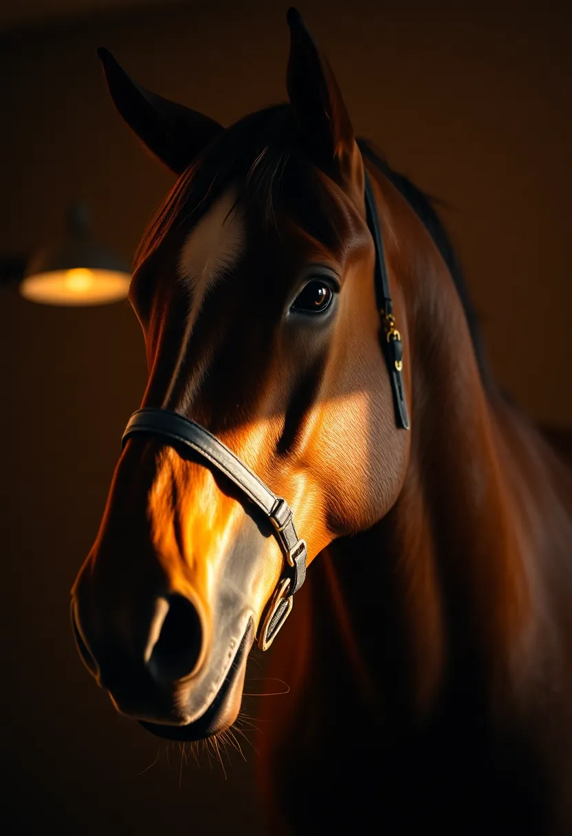 In a cozy, warmly lit space, a working horse, adorned with a well-worn harness, poses with a proud demeanor. The dramatic lighting creates striking shadows, illuminating the horse's strong physique and showcasing its textured skin. The Dutch angle adds a sense of movement and tension, making this image a powerful tribute to the strength and character of working animals.
