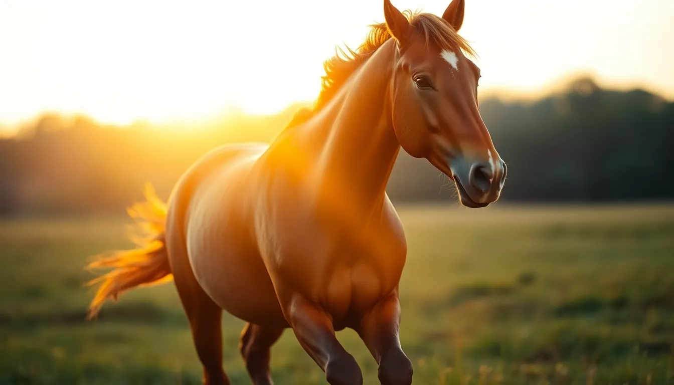 A majestic chestnut horse gallops through a sunlit meadow during golden hour, creating a stunning display of strength and grace. The warm backlight outlines its silhouette, highlighting the natural texture of its coat. This dynamic scene captures the essence of freedom and vitality, contrasted against lush green grass softly blurred in the background. The composition, featuring strong leading lines, directs the viewer's gaze toward the powerful animal in motion.