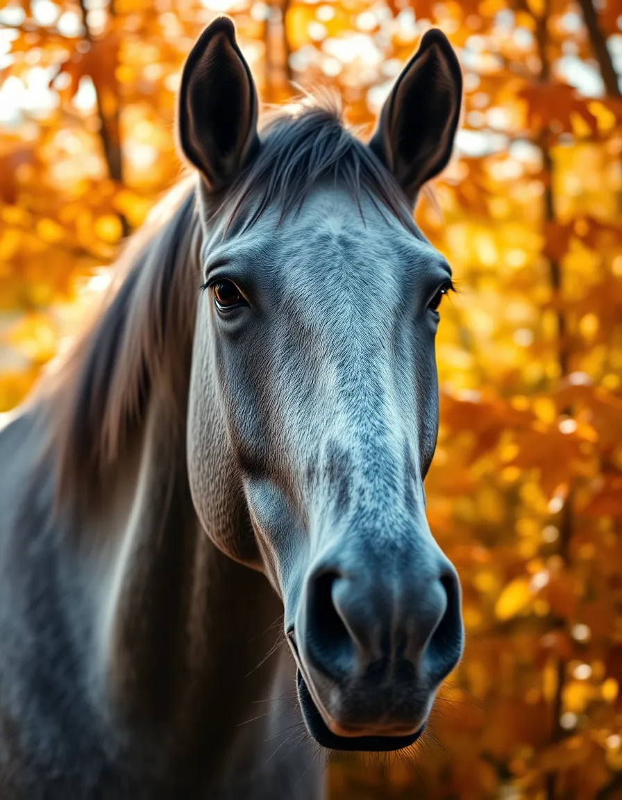 A close-up portrait of a grey horse is beautifully showcased against a backdrop of vibrant autumn leaves. Dappled sunlight filters through the foliage, adding a magical quality to the image. The focus on the horse's expressive eyes and soft fur creates an intimate connection with the viewer. The surrounding colorful leaves enhance the serene mood, making this image perfect for capturing the essence of fall.