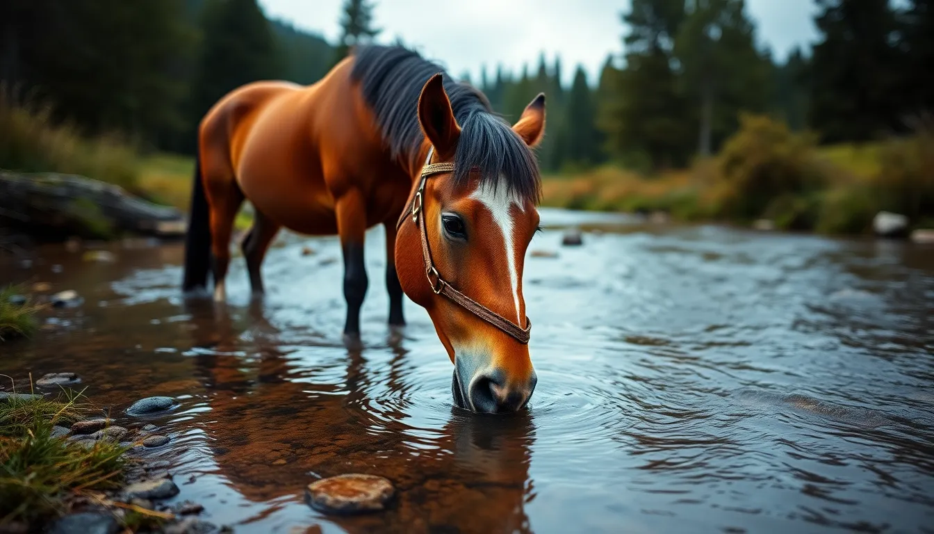 A stunning image of a horse drinking from a crystal-clear stream, captured in lush surroundings. The overcast sky produces soft, even lighting, accentuating the horse's rich colors against the vibrant greens of nature. The serene scene is beautifully composed, drawing the viewer into this tranquil moment in the heart of nature.