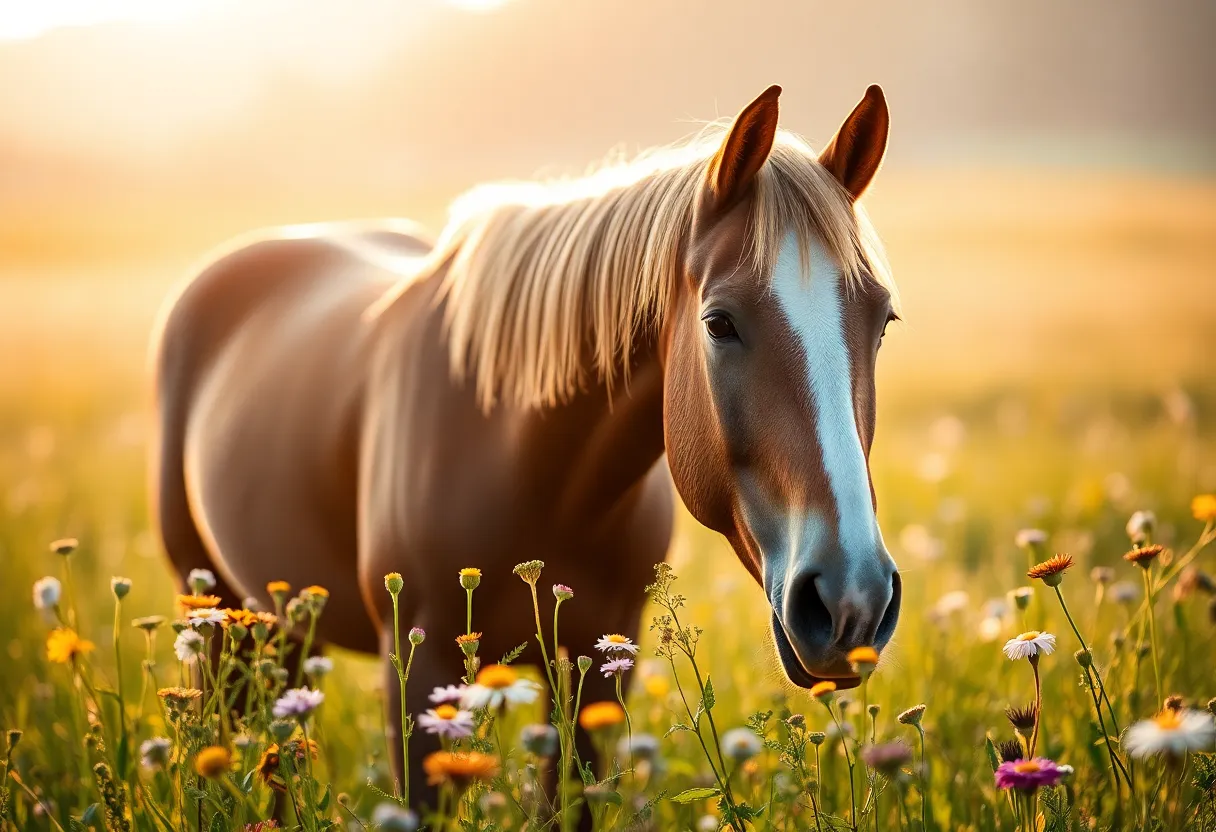 In a serene meadow at dawn, a horse grazes peacefully amidst blooming wildflowers, bathed in the soft warm glow of the golden hour. The selective focus brings out the gentle expression of the horse, while the background dissolves into a painterly blur of colors. The harmonious blending of natural tones evokes a tranquil atmosphere, making this image a perfect representation of rural beauty.