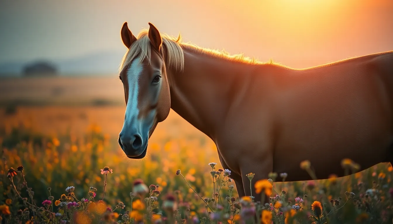 A stunning bay horse stands proudly in a sunlit meadow during golden hour. The warm light backlights its flowing mane, creating a mesmerizing halo effect. Surrounded by a soft-focus background of vibrant wildflowers, the atmospheric image captures the beauty of nature's colors. The intricate details of the horse's fur and the serene setting evoke a sense of tranquility and grace.