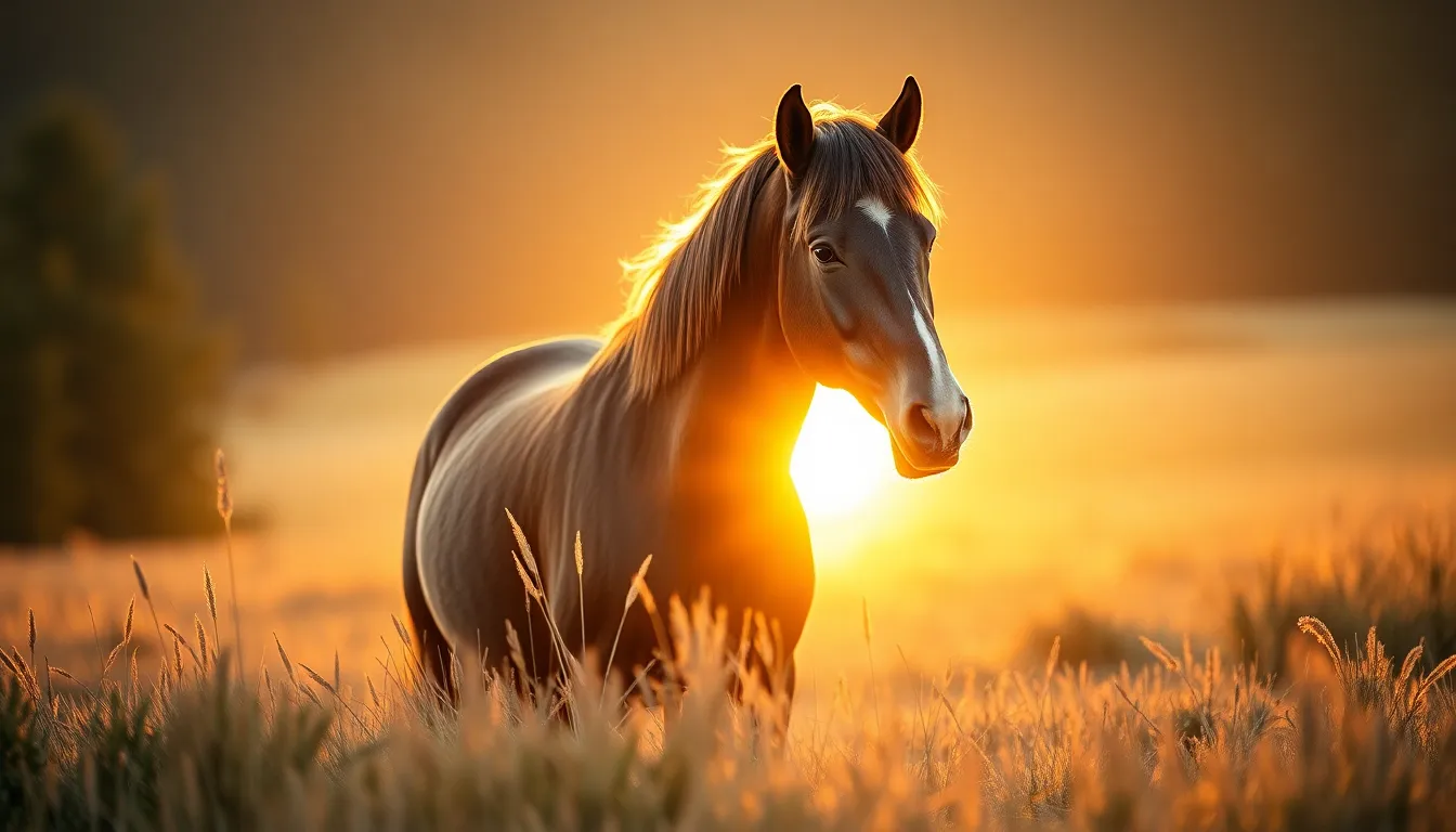A stunning portrayal of a majestic brown horse captured during golden hour, showcasing warm rim light. The horse stands elegantly amidst a blurred landscape, highlighting its graceful contours. The warm tones and soft textures invite a serene and natural atmosphere, emphasizing the beauty of this magnificent creature against a dreamy backdrop.