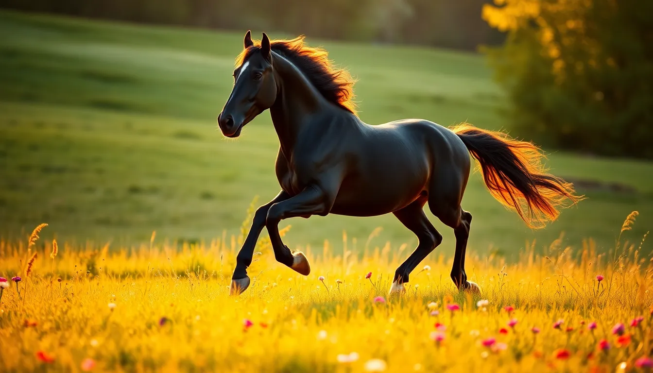 A stunning black stallion gallops majestically across a sunlit meadow filled with vibrant wildflowers. The warm golden hue of the afternoon sun highlights the horse's sleek coat, creating a breathtaking visual contrast against the lush green grass. Expertly captured with a shallow depth of field, the stallion stands out in sharp focus, while the background fades into a soft bokeh. This dynamic composition emphasizes the beauty and power of the horse in its natural environment.
