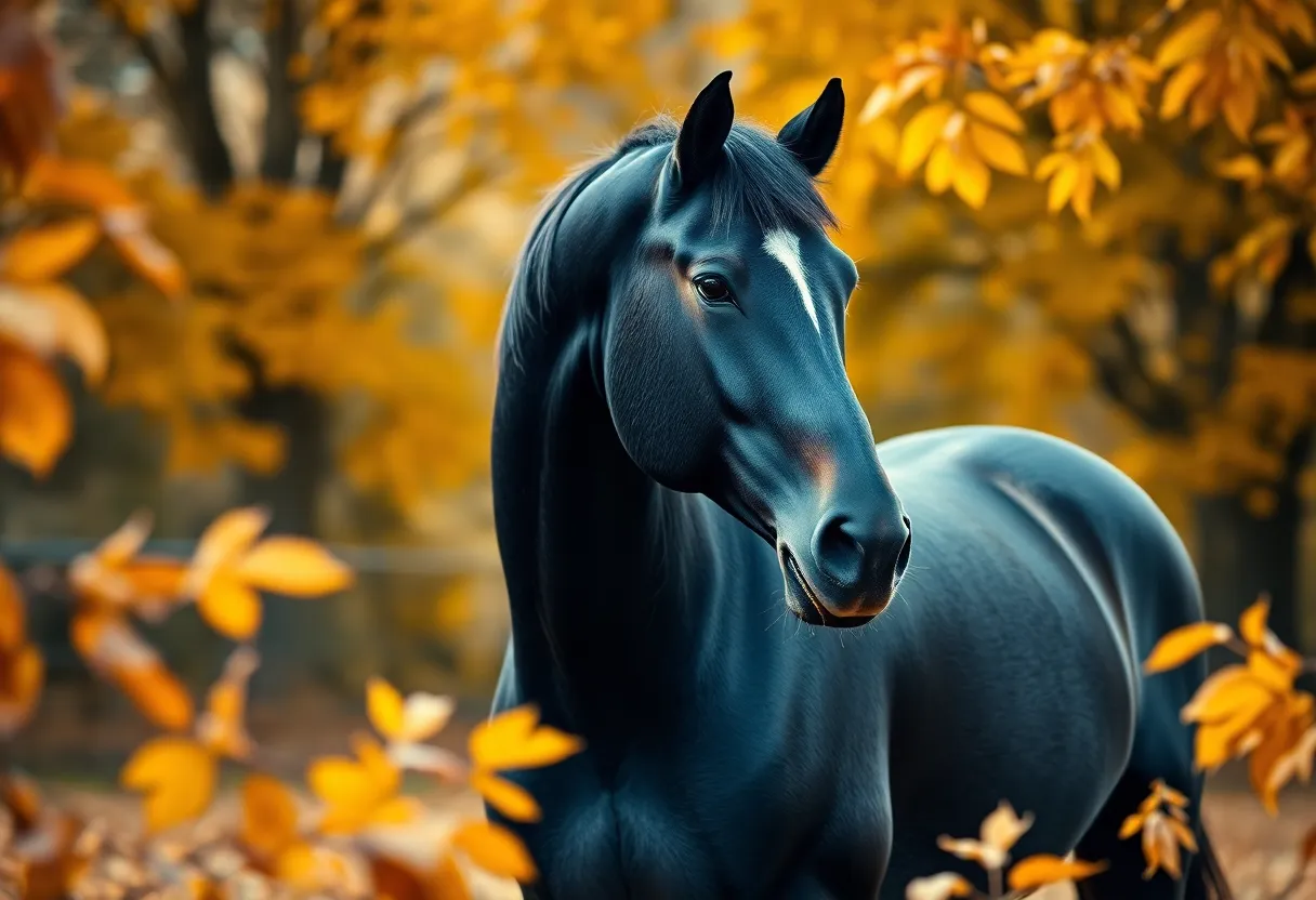A majestic black stallion stands proud amidst a carpet of autumn leaves under soft daylight filtering through golden trees. The focus draws in on the horse's finely textured coat and powerful figure, highlighted by a warm palette that enhances the seasonal atmosphere. The centered composition emphasizes its grandeur, while the surrounding leaves create a natural frame, enhancing the serene equestrian experience.
