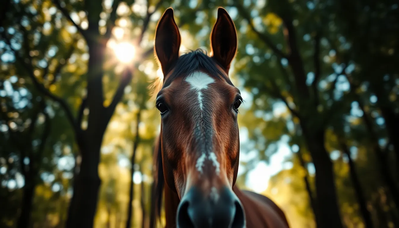 A breathtaking scene of a horse wandering through a sunlit forest, captured amidst dappled sunlight filtering through the trees. Vivid bokeh effects create a painterly background, while the horse stands sharply in focus. The contrasting teal and orange tones add a cinematic quality, enhancing the enchanting ambiance of this tranquil nature setting.