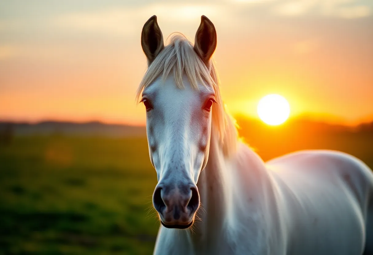 Majestic White Stallion at Sunset An elegant white stallion stands proudly in a sunlit field during golden hour, bathed in warm, backlighting that creates a radiant glow around its silhouette. The image captures the horse's vivid expression, with focused detail on its eyes, drawing viewers into a moment of tranquility. The vibrant colors of the sunset enhance the scene's beauty and showcase the stallion's majestic stature.