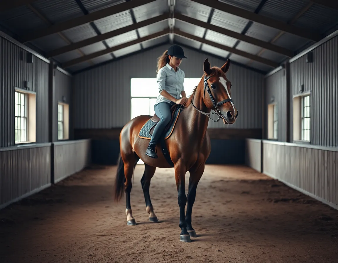 Inside a rustic barn, a rider in casual attire stands beside a beautifully groomed horse. The overcast daylight softly illuminates the scene, creating a calm and intimate atmosphere. Both the horse and rider are centered, showcasing the intricate details of the saddle and the horse's lustrous mane, making it a perfect capture of human-animal connection.