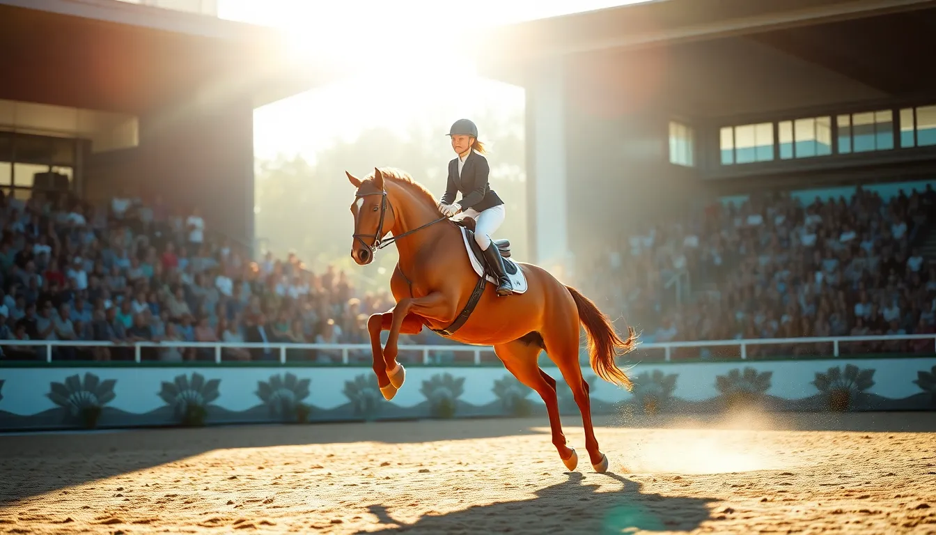 Equestrian Jumping in Action A thrilling moment is captured as a rider and their chestnut horse execute a flawless jump during an equestrian competition. The bright afternoon sunlight highlights the dynamic action, while the cheering crowd fades softly in the background. The cinematic color grading amplifies the excitement, and the composition showcases the rider's impressive technique against the backdrop of the sandy arena. This image encapsulates the energy and passion of equestrian sports.