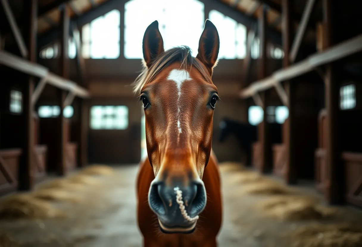 This image showcases a horse in a stable, bathed in soft, diffused daylight that filters through large windows. The focus is on the horse's deep, expressive eyes, while the background softly fades, highlighting the stable's wooden textures. The soothing color palette brings warmth to the scene, making it inviting and serene. This shot captures the tranquil moment perfectly, inviting viewers to appreciate the bond between the horse and its environment.