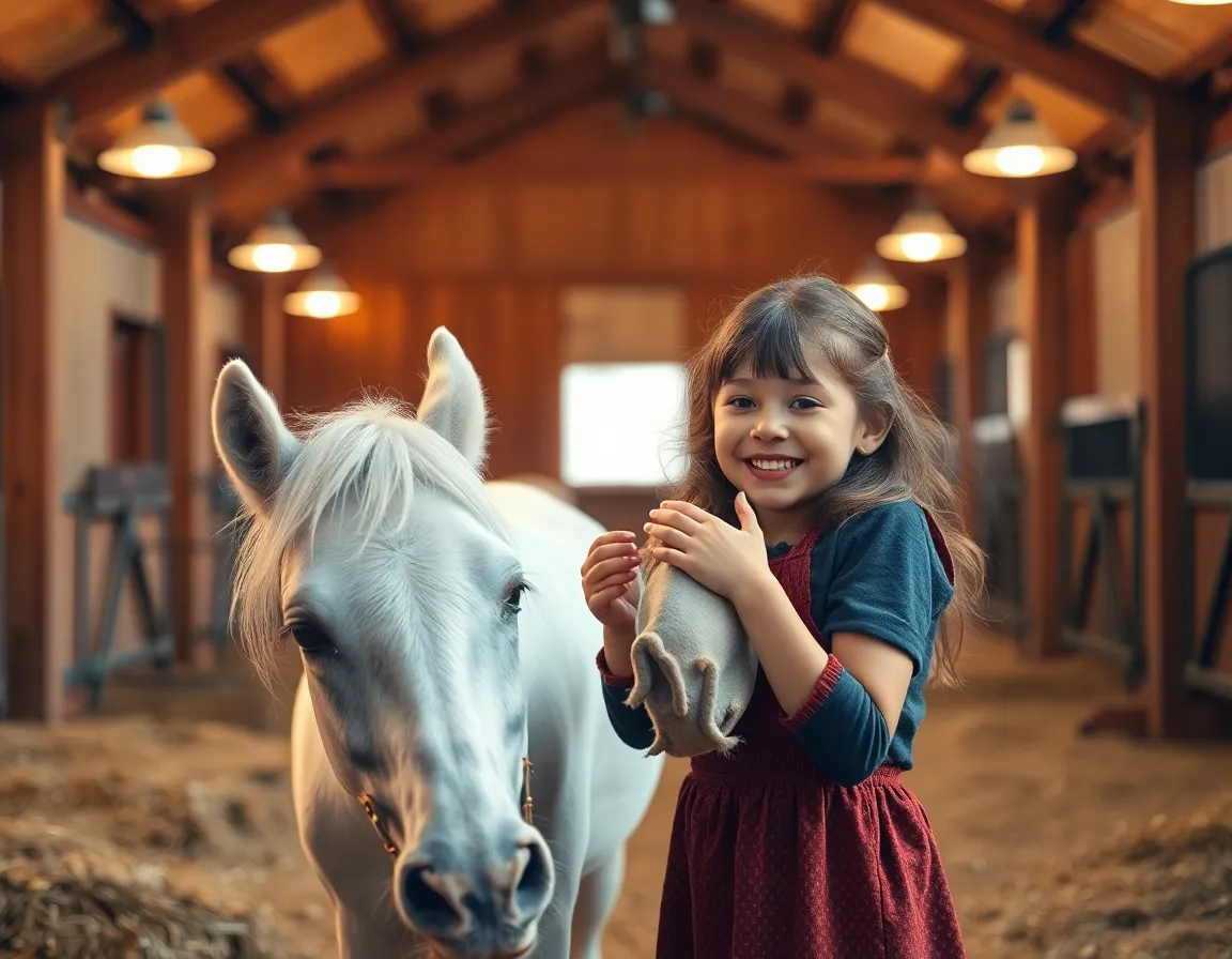 In a warmly lit stable, a young girl enjoys a tender moment grooming her white pony. The soft glow from overhead lights creates a cozy atmosphere, enhancing the connection between the two. The image captures the girl's joyful expression and the pony's fluffy fur, emphasizing the textures of hay scattered on the floor. This heartwarming scene exudes love and companionship, perfect for showcasing the bond between humans and animals.