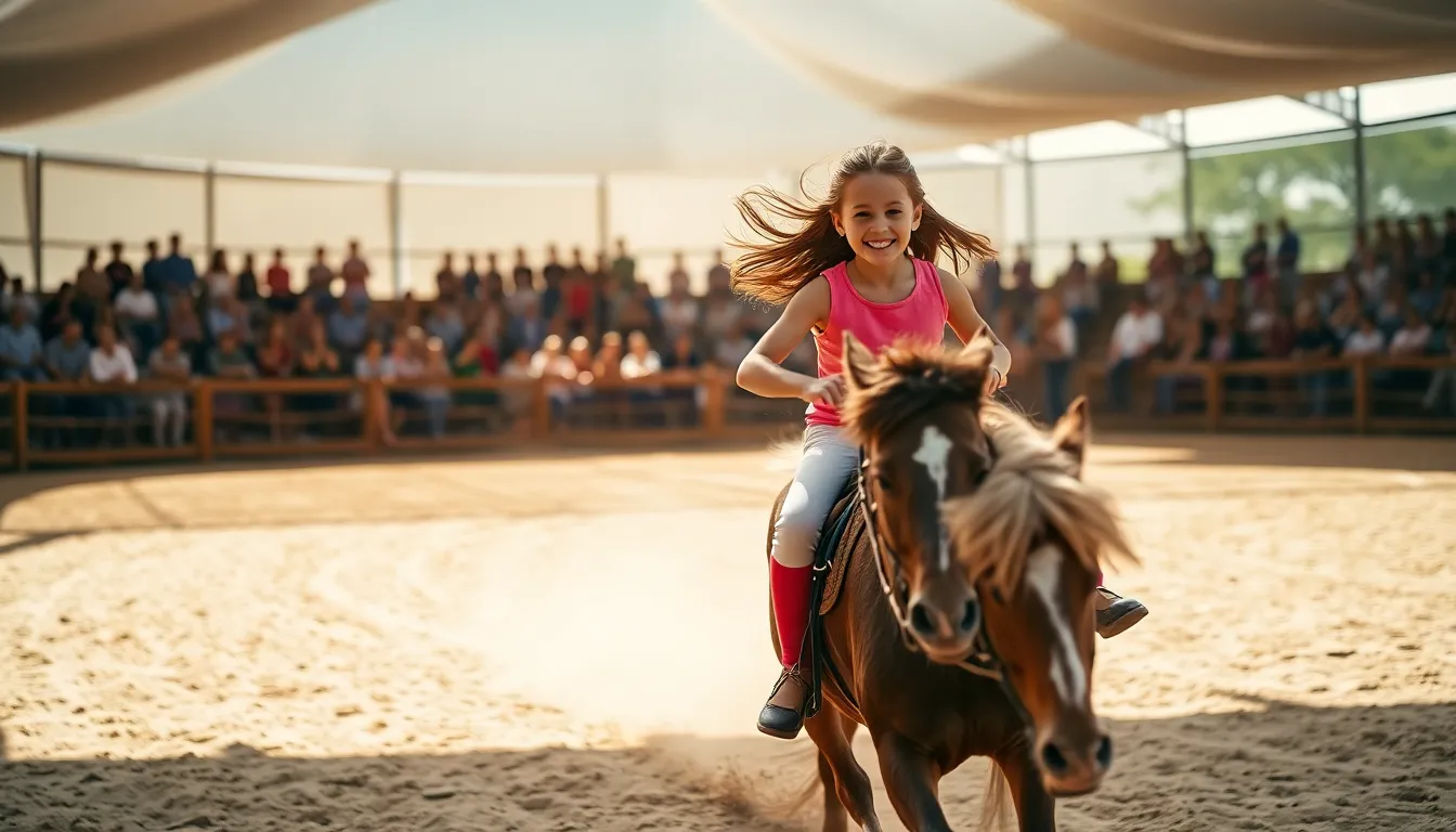 An exhilarating moment is captured as a young rider gallops joyfully on her pony in a lively equestrian arena. The bright natural lighting, combined with dappled sunlight, creates dynamic shadows on the sandy ground. A shallow depth of field emphasizes the rider's delighted expression and her pony's flowing mane, while the energetic composition draws the viewer's eye along the arena's lines. This scene embodies the spirit of youth and the thrill of horseback riding.