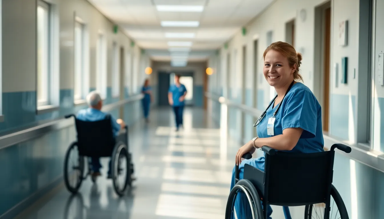 In this serene hospital corridor, a smiling nurse in vibrant scrubs assists a patient in a wheelchair, surrounded by soft, diffused daylight filtering through large windows. The atmosphere conveys warmth and compassion, with muted blues and greens enhancing the feeling of tranquility. The polished floor tiles and the nurse's crisp attire add texture, while a shallow depth of field draws focus to their interaction, emphasizing the nurturing aspect of healthcare. This vivid scene captures the essence of compassionate care in a modern medical environment.