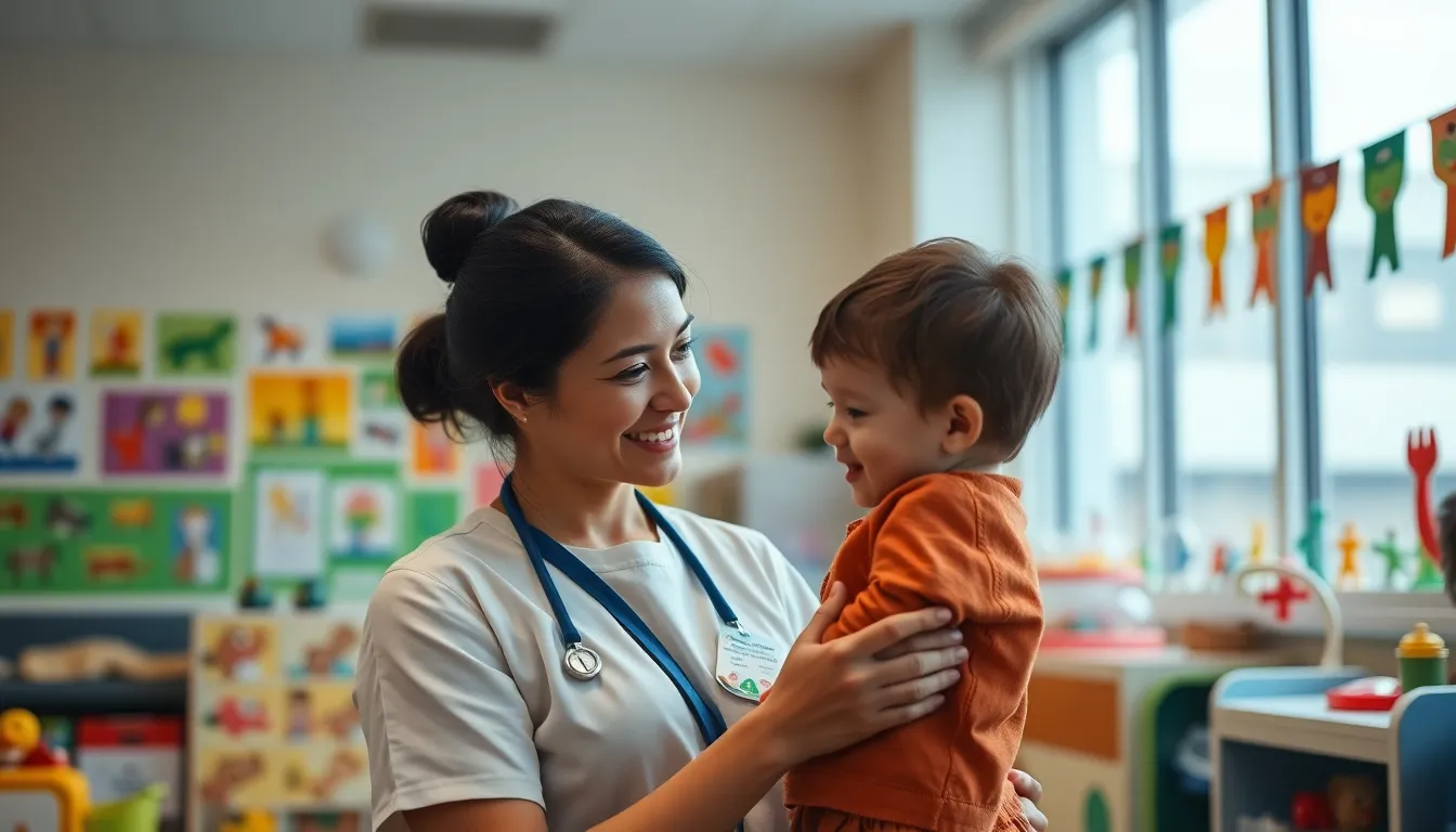 This image captures a heartwarming moment in a pediatric hospital ward, featuring a nurse engaging with a smiling child. Bright, diffused daylight creates a warm atmosphere, enhancing the colorful artwork that decorates the room. The scene is composed with a focus on both the nurse and child, set against a softly blurred background of toys and decorations, conveying a sense of care and compassion in the healthcare setting.