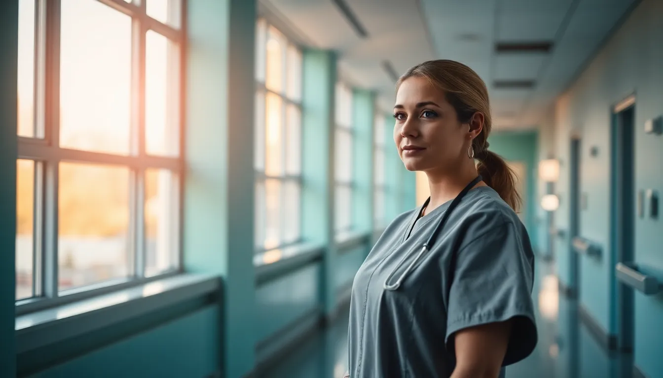 This photorealistic image shows a nurse in scrubs standing in a hospital corridor, bathed in natural daylight. The scene captures a moment of calm and professionalism, with the nurse's expression reflecting focused dedication. The teal and orange color grading adds a cinematic feel, while the polished floor mirrors the ambiance of sterility and care. The shallow depth of field draws attention to the nurse while softly blurring the busy corridor behind.