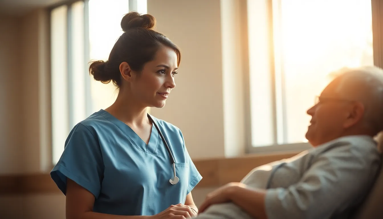 A compassionate nurse in light blue scrubs attentively assists a patient in a softly lit hospital room. The serene environment is enriched by sunlight filtering through large windows, casting gentle shadows. The focus is on the nurse’s interaction, highlighting the warmth of healthcare. Natural muted tones create a comforting atmosphere, emphasizing the human connection in a clinical setting.