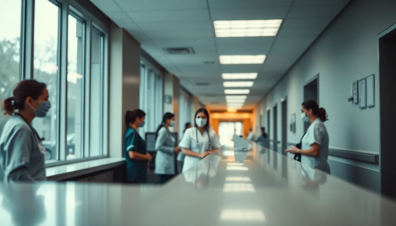 This image showcases a modern hospital lobby bathed in the warm glow of the golden hour. The reception desk stands invitingly, while lush indoor plants add a refreshing touch of green. The polished marble floor reflects the soft light, creating a welcoming and serene environment. The shallow depth of field effectively isolates the foreground, emphasizing the inviting and spacious atmosphere of the hospital.