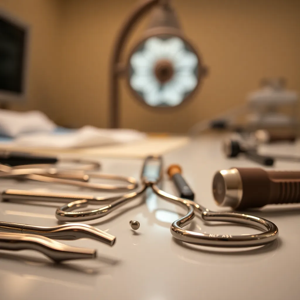 This detailed close-up shows a collection of surgical instruments meticulously arranged on a polished surface, illuminated by soft studio lighting. The butterfly lighting technique creates depth and dimension, enhancing the intricate details of the tools. The natural muted tones contribute to a professional aesthetic, inviting respect for the craftsmanship of medical equipment. The symmetrical composition further highlights the precision and care involved in surgical practices.