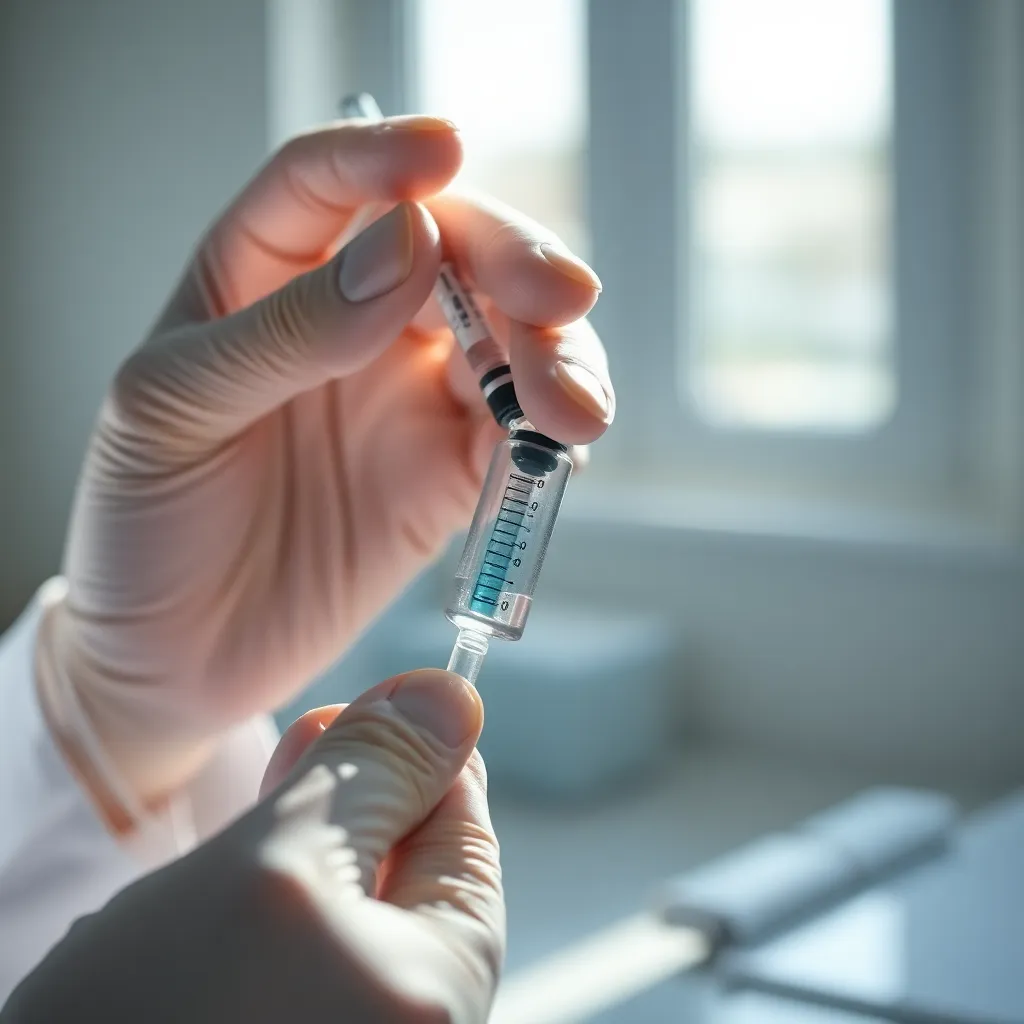 A striking close-up captures a doctor's hands skillfully preparing a vaccine syringe in a sterile healthcare environment. The gentle daylight creates soft highlights, enhancing the clarity and focus on the syringe as it rests against a clean backdrop. The saturated colors bring a sense of vibrancy to the medical environment, while the shallow depth of field emphasizes precision and care in healthcare practices. This image is ideal for topics surrounding vaccination and medical preparedness.