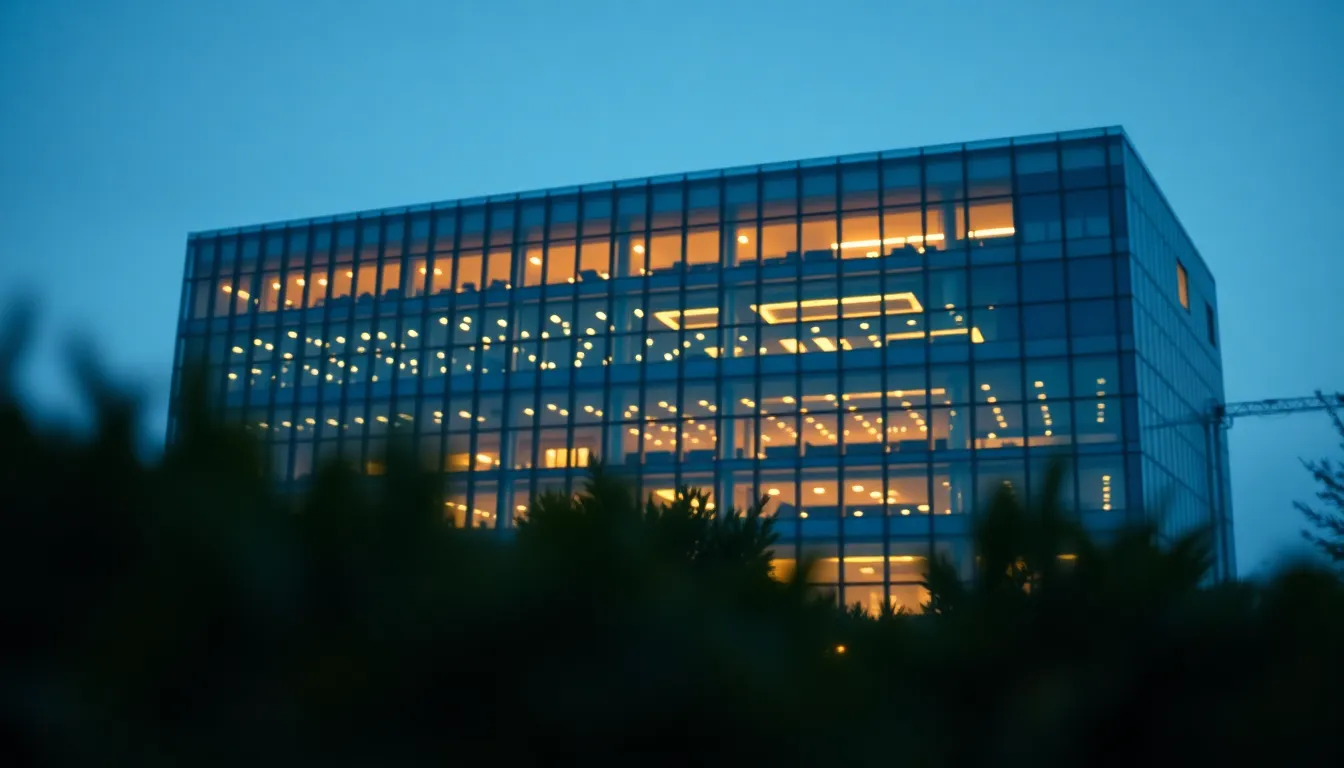A stunning exterior view of a contemporary hospital at dusk, where the building's glass facade reflects surrounding lights, providing a warm and inviting glow. This image showcases the innovative architecture of modern healthcare facilities while maintaining a professional aesthetic. The deep blue sky and surrounding greenery enhance the atmosphere, making the scene feel welcoming and accessible.